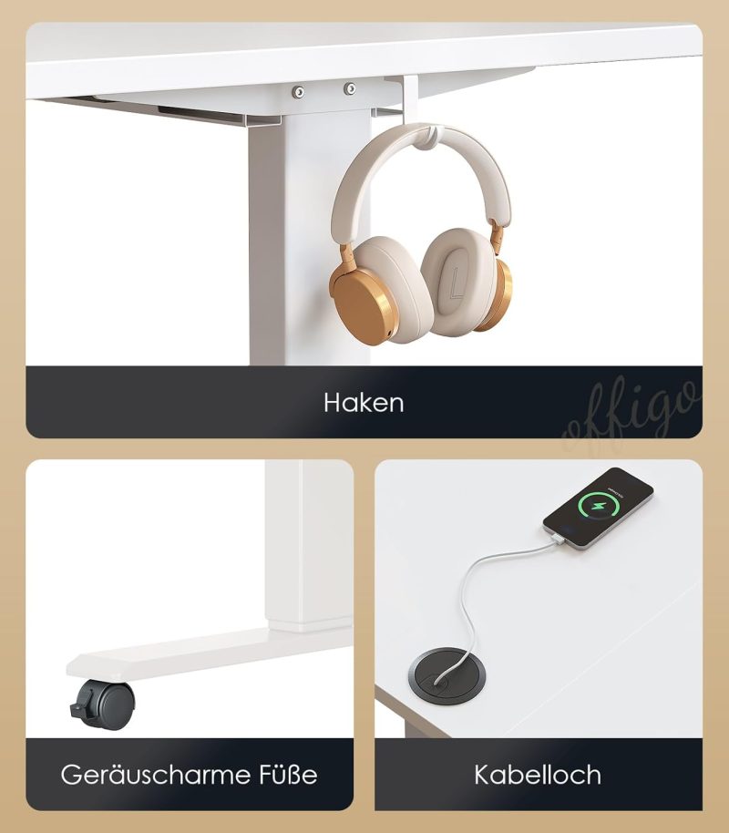 Elektromosan állítható magasságú íróasztal, 180 cm, USB-porttal, 2 memóriafunkcióval, irodai és otthoni használatra, fehér színben. - Image 4